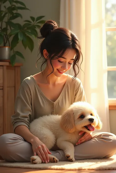 High quality, Pretty Girl(massy bun)( smiling face) sit on floor, fluffy dog sit on her lap .