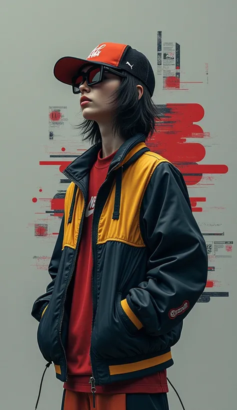 A collection of generic, trendy fashion objects (like loud, logo-covered jackets and rigid shirts), abstractly displayed, symbolizing conformity. Dark tones with glitchy effects. The background is neutral to maintain focus on the disruption.