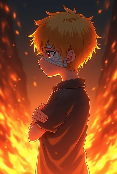 Scared boy crying with golden short hair turning around surrounded in flames. One arm close to chest, and a bandaged left side of head covering one eye anime