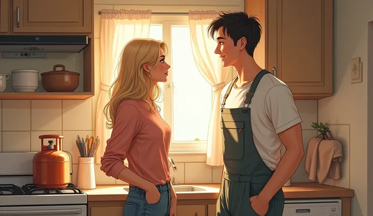 a blonde woman in casual clothes standing in a kitchen looking at a young man in work clothes with a gas cylinder next to a stove smiling in a modest kitchen. drawing format