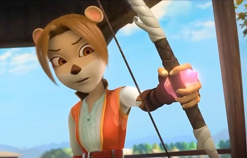 Leena from Paddle Pop Begins cartoon, furry, Leena is young lioness, brown short haircut with two pigtails at the face with a short ponytail on the back of the head, wears a white shirt with details in the collared with a red unbuttoned vest with short sle...