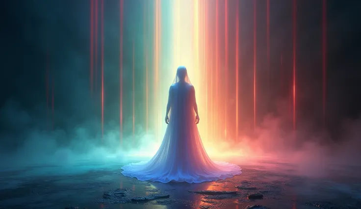 "A figure standing in a dark space, surrounded by beams of light in different colors shining from various angles, showing how colors influence the mind and spirit."
