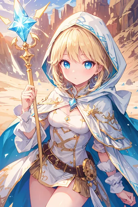 "epic desert daylight atmosphere, stunning 4k artwork，depicts a beautiful girl，light blond hair. blue diamond eyes. she is weari...