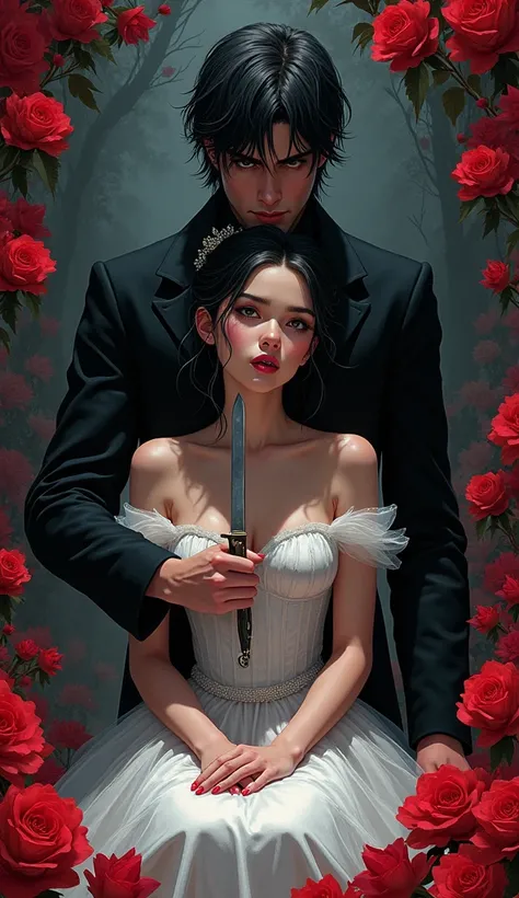 A Korean manga cover image shows a woman in a princess costume sitting and looking at us, and a tall, handsome man with black hair is standing behind her, gently holding a knife to the woman&#39;s throat. The scene is dark and atmospheric, with a realistic...