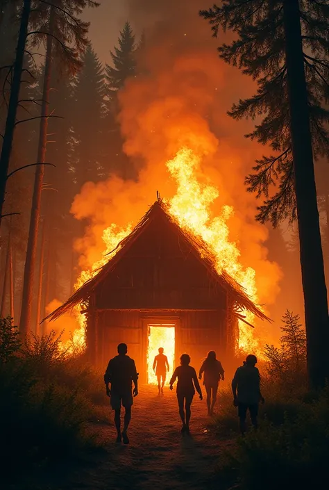 a burning hut in the forest