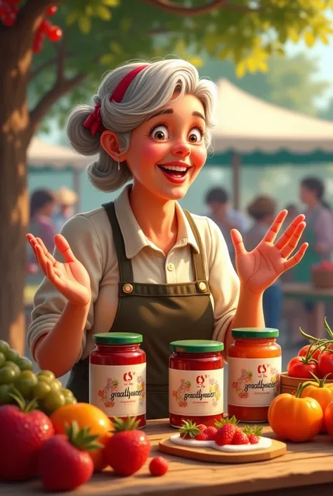 Grandma promoting flavored jams with the brand es "of the grandmother". 
