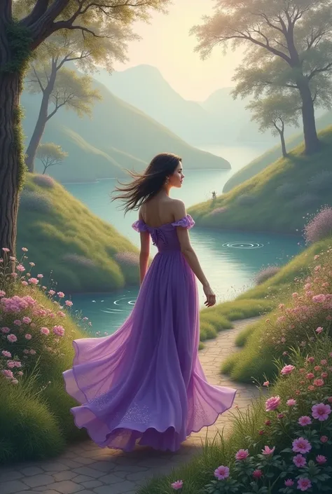 Woman long purple dress walking in a romantic landscape