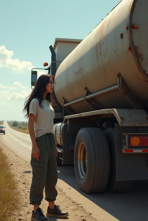 Woman in t-shirt, long pants and shoes next to a fuel tanker truck on the side of a highway