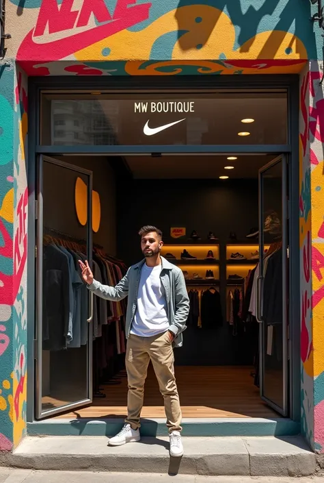 menswear store in nike brands favela, and a young man showing him the store named MW BOUTIQUE 