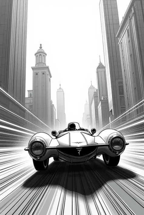 Illustration manga, one piece, futuristic car, futuristic town, blanc and white