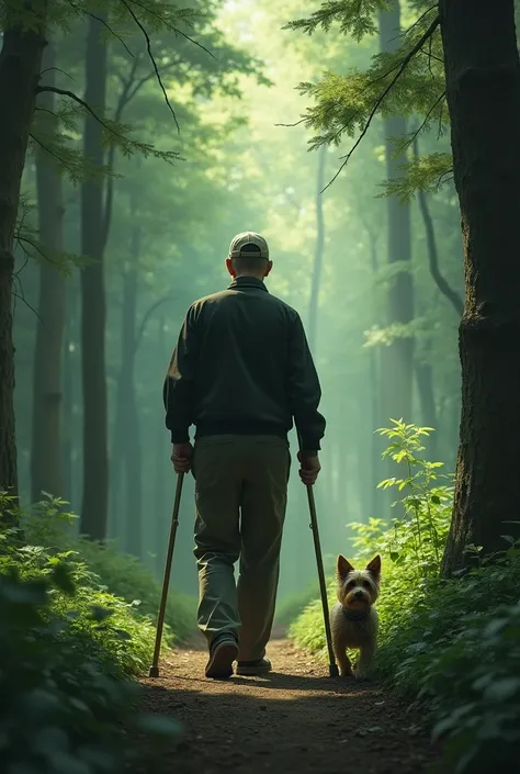 Bald man on one crutch wearing a baseball cap shaved head walking in a forest with a small female Yorkshire Terrier with a name on the bottom "I am Legend"