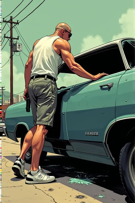 ((comic art)) a car with a broken window. Next to the car there is a a man standing. He puts his arm into the broken window. The man has a white top, gray shorts, black sunglasses, no hair on his head, sneakers and a pistol 