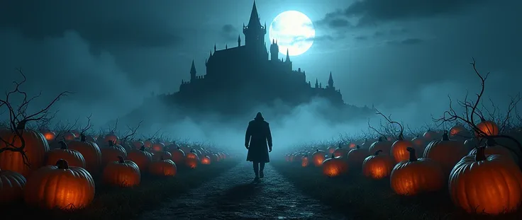 pumpkin field at night with full moon, Stars, drawn fog, Castelvania castle in shadow in the background,  from behind walking towards the castle 
