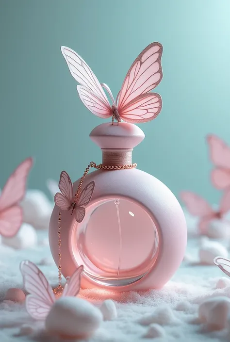 Make an oval perfume bottle that has a butterfly on the lid and a marshmallow-shaped chain with butterfly wings on the lid. 