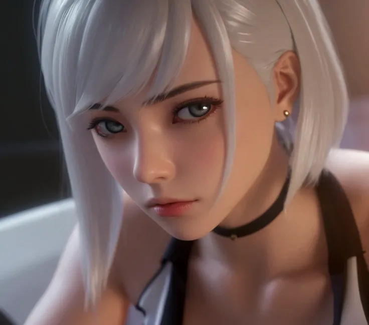 a close up of a woman with white hair and a black blouse, 3d realistic anime, photorealistic anime girl render, realistic anime 3D style, hyper realistic anime, 3d anime girl, photorealistic anime, anime cgi, anime style cgi, seductive anime girl, 3D anime...