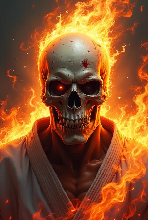 Create a jiu-jitsu soldier skull that shows the graduation belt, catching fire all around and very angry