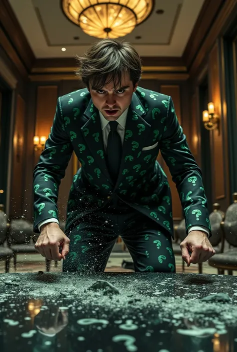 Angry full of rage Daniel Radcliffe wearing a black and green questions marks printed in his suit breaking a black marble tabble with a masons sledgehammer at a black hotel hall 