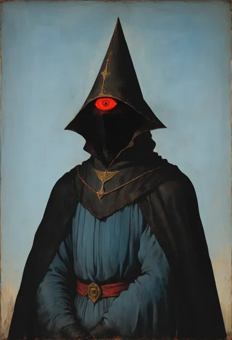 A medieval painting，Describes the silhouette behind the person, There is a glowing red eye in the center of the forehead, Light blue background,Wearing a black cape，Wearing a triangular pointed hat,