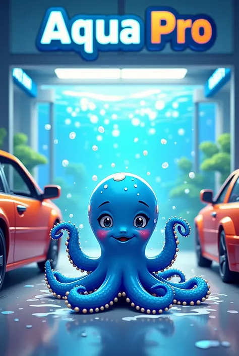 Car wash with the name AQUA PRO, with animated blue octopus as a pet