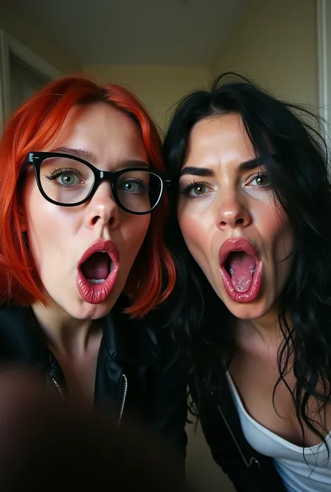 Selfie of two friends spitting at you, one with glasses and the other without glasses, wearing a black latex and white latex, puffy lips, wet lips, big mouth, big lips, saliva