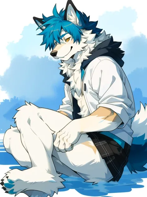 male, anthro, furry, dog (arctic wolf), solo male, fur texture, soft expression, smiling, messy fur, fluffy, paws, blue hair