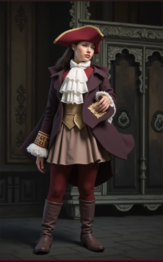 a misterious woman, dressed in 1710s Mens versailles Mens Suit. A Historical rococo costume with a navy blue frock coat, ,lace cuffs, big Lace Jabot Cravat, , tricorn hat ,long haircut,
