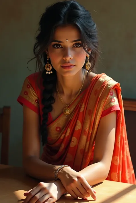 Indian girl wearing saree and bending on a table with sexy pose very good-looking and fair
