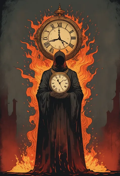 a man with his head on fire, holding up the hands of an old clock in front of him, vintage tarot card illustration, dark and moo...