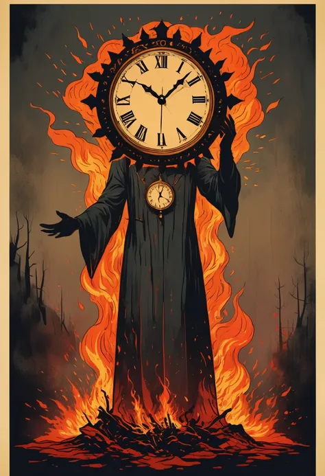 a man with his head on fire, holding up the hands of an old clock in front of him, vintage tarot card illustration, dark and moo...