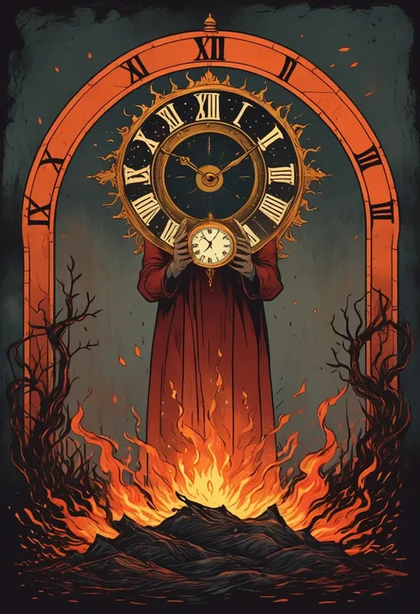 a man with his head on fire, holding up the hands of an old clock in front of him, vintage tarot card illustration, dark and moo...