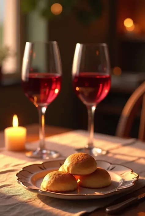 a table, with two glasses of wine, and pudding pockets on a plate