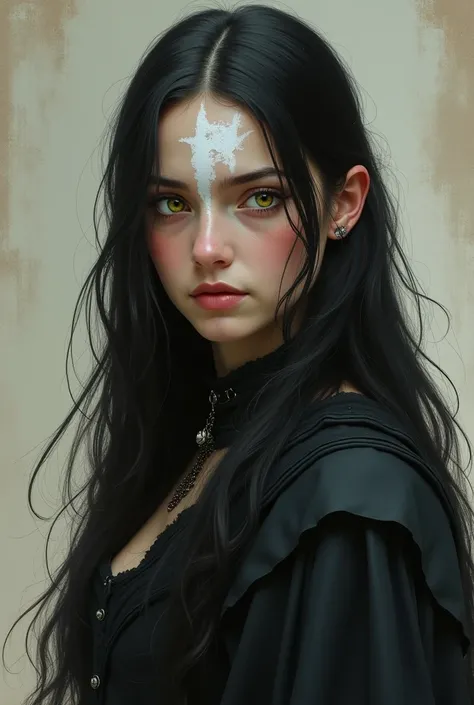 girl, black hair with a white streak of hair in the front and a white spot running across her face, one green eye and one yellow. realistic image. Woman with Germanic features. Long caps below the hips, black medieval dress