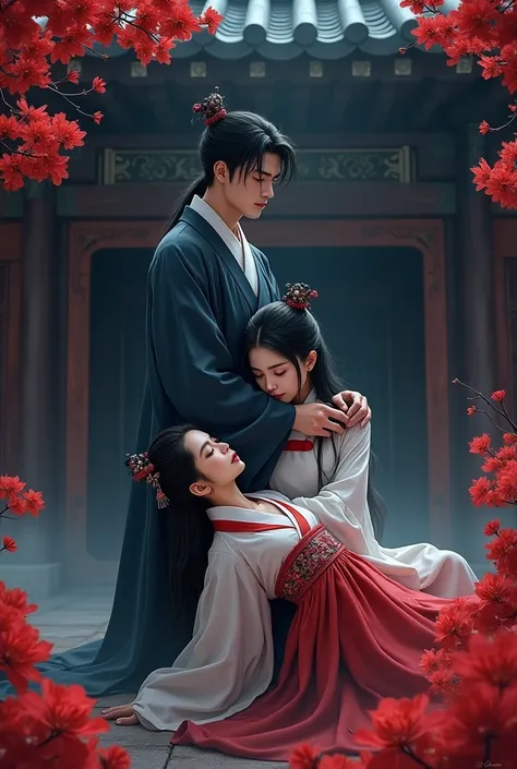 The cover image of a Korean manga novel. A woman wearing a traditional Korean costume is unconscious, and a tall, handsome man wearing a traditional Korean costume with black hair is gently holding the woman. The scene is dark and atmospheric, with a reali...