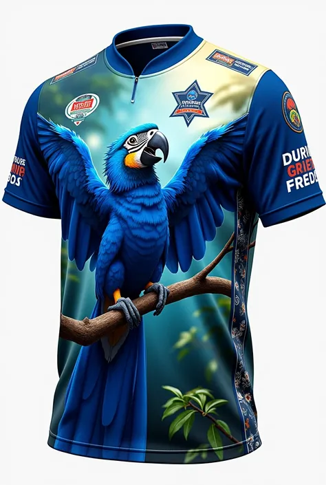 blue macaw themed team shirt