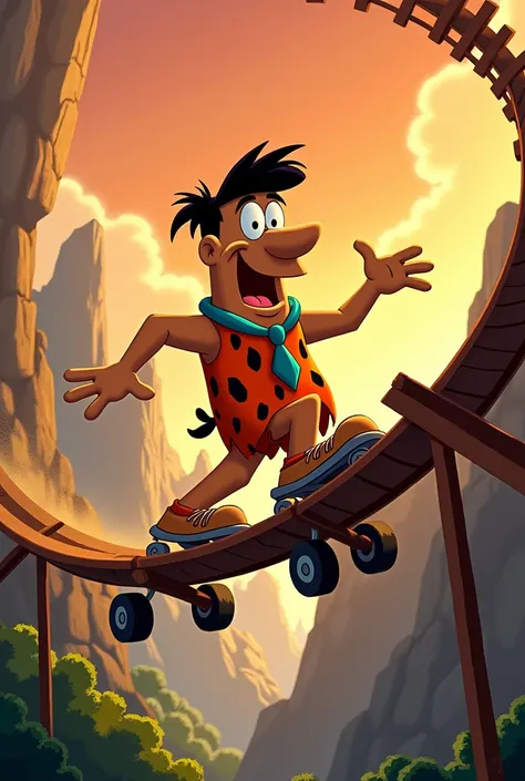 Fred Flintstone riding roller skates on a roller coaster