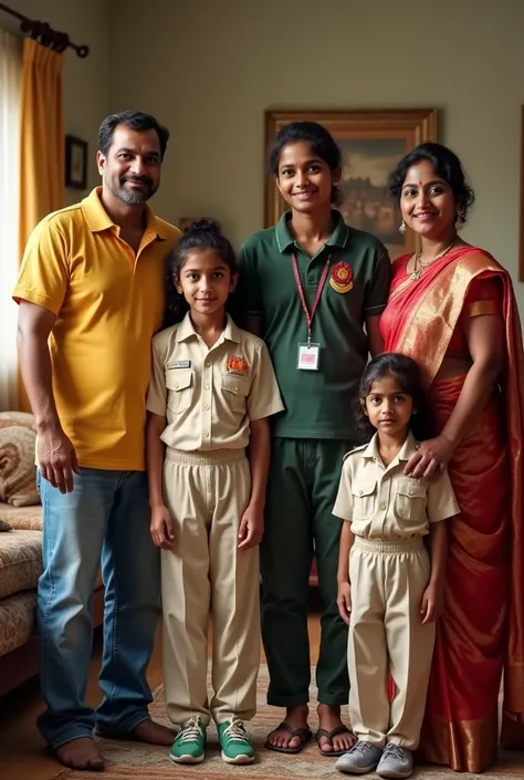 Creat a real image of full family that father and mother in causal uniform one brother in cricket uniform with name of Akshay, a sister in airforce uniform with the name of Divya Sharma and a sister with name of pragati sharma in police uniform and a siste...