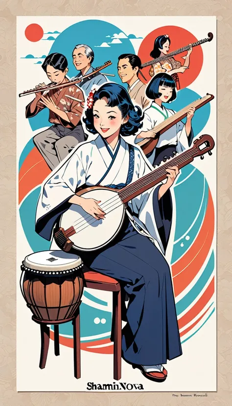 postcard, retro, Vintage,Japan,graphic illustration,Detailed 2D illustrations,flat illustration, digital illustration,digital art,Norman Rockwell vento, band, bossa nova, music, Shamisen, koto, flute, Drum