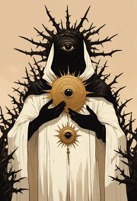 Wearing white robes and black gloves and holding a sun medallion in its hands, A hand-drawn illustration of an anthropomorphic creature with six eyes ,surrounded by seven crown-shaped thorns on a beige background