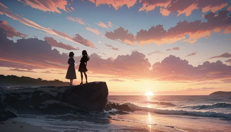 sunrise, Coastal scenery, The sun rises on the horizon, Beautiful animation, Anime Style:1.2, Woman silhouette, Asahi, Breathtaking beauty, High resolution, high resolution, masterpiece:1.2.