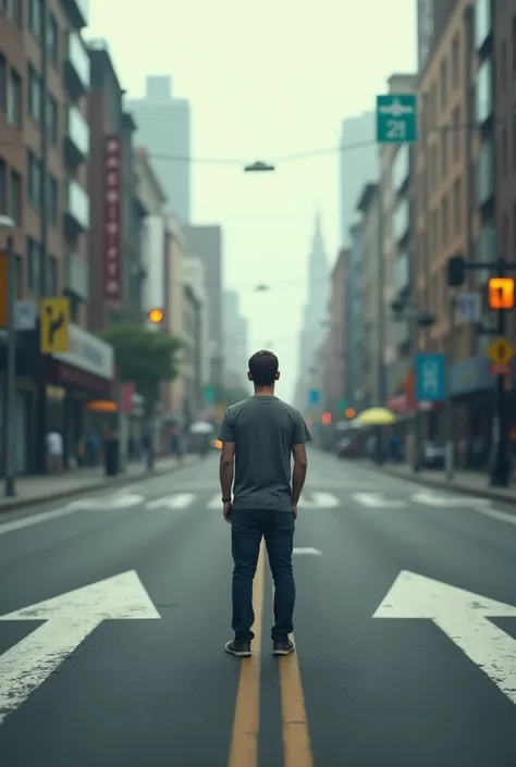 A man walking in the middle of a crossroad and there are two different roads in front of him