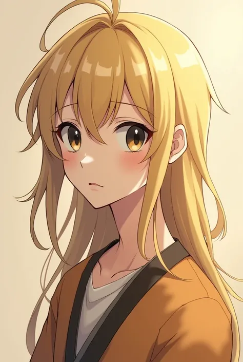 Create a long-haired blonde male anime character, with black eyes, without any expression with warm-toned clothes 