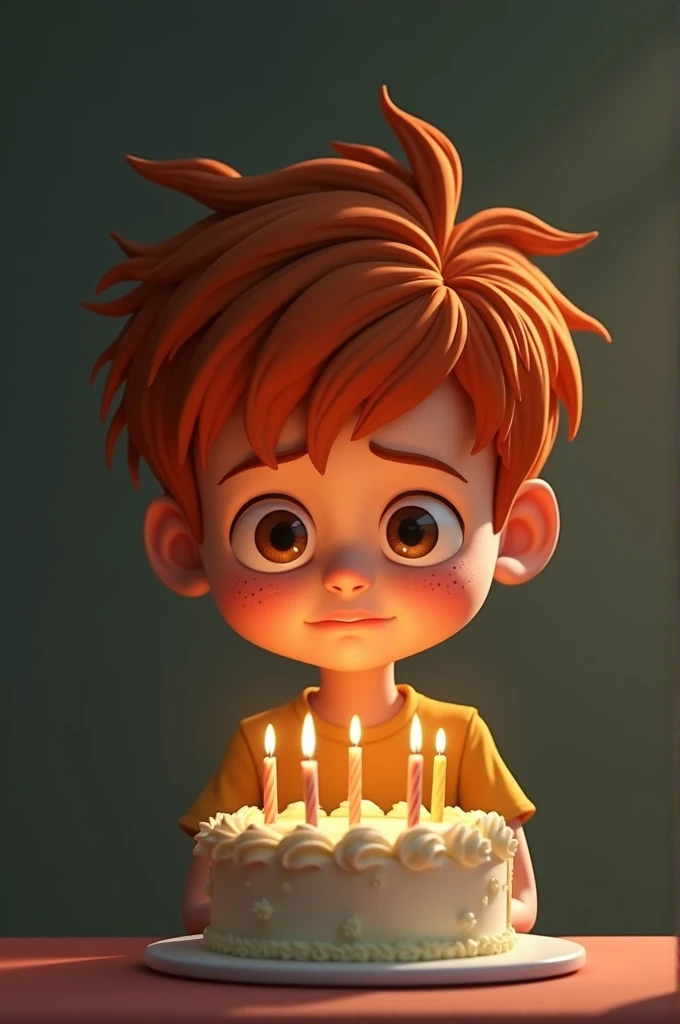  redhead boy in front of a simple cake with candles, with a tired and overwhelmed expression, Light and shadow 