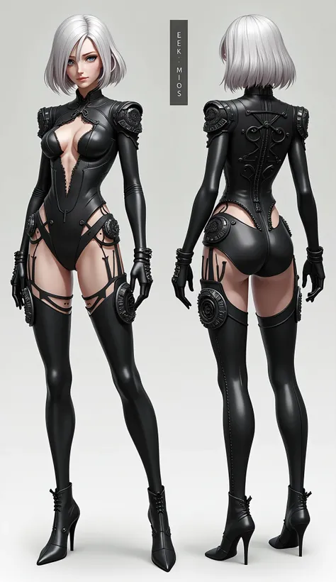 full body, Draw Nier Automata 2B character, a front view, a right side view, a left side view, a back view 