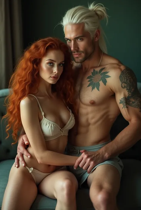 Cinematographic photo of a couple) ( A beautiful woman with Lorena&#39;s face, very long, super curly bronze red hair, emerald green eyes, full lips, beautiful makeup) Naked with her vagina sitting on a sofa with her legs open and (handsome young man of 2,...