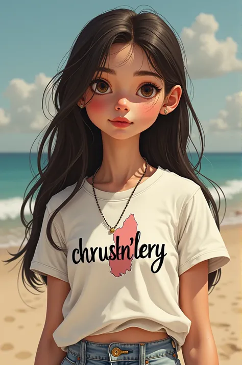 Donnez moi une photo d’une jeune fille de 16 and qui porte un T-shirte avec un texte bien stylé «Chrushn’lery» et l’image de couverture de ce texte et la carte de madagascar 