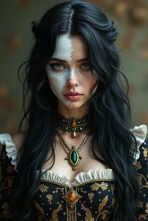 Girl with piebaldism, black and white hair with a streak of white hair and a white spot running across his face, realistic image.. high resolution image, woman in medieval clothes.
Long hair below the hips. Eyes one green and one yellow