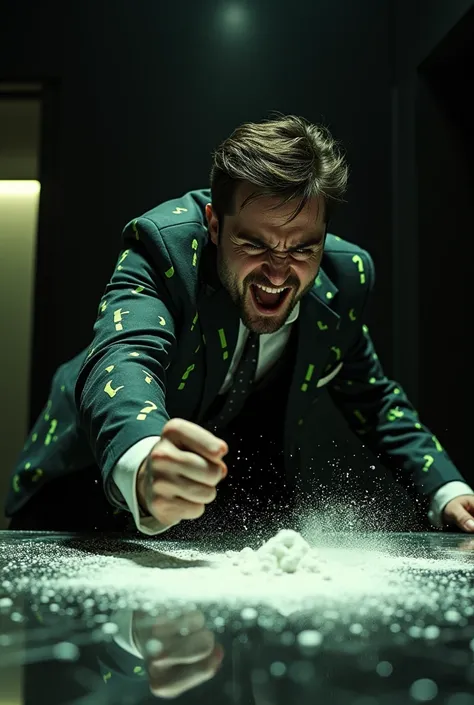 Angry full of rage Daniel Radcliffe wearing a black and green questions marks printed in his suit punching a black marble tabble full of coccaine at a black hotel hall 