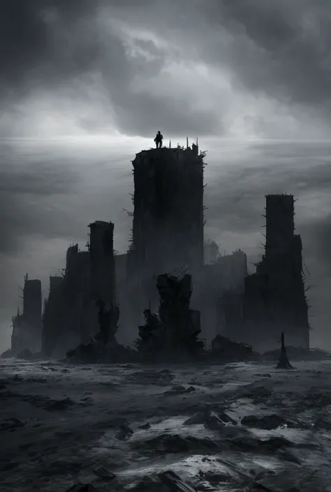 The photo shows a dark, post-apocalyptic landscape. Gray, cool colors dominate. In the distance rises a mysterious, monumental building made of huge, raw blocks. The building has the shape of several interconnected cylinders, and in each of them there is a...