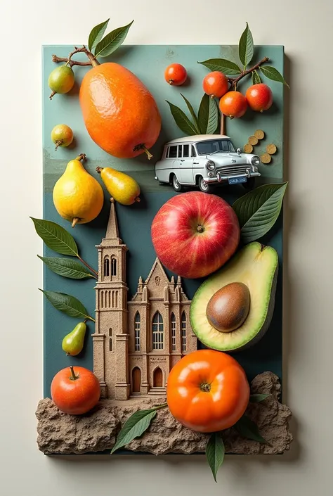 Create artwork with physical image cutouts of more sour fruits , cars , Gita, church, academia 