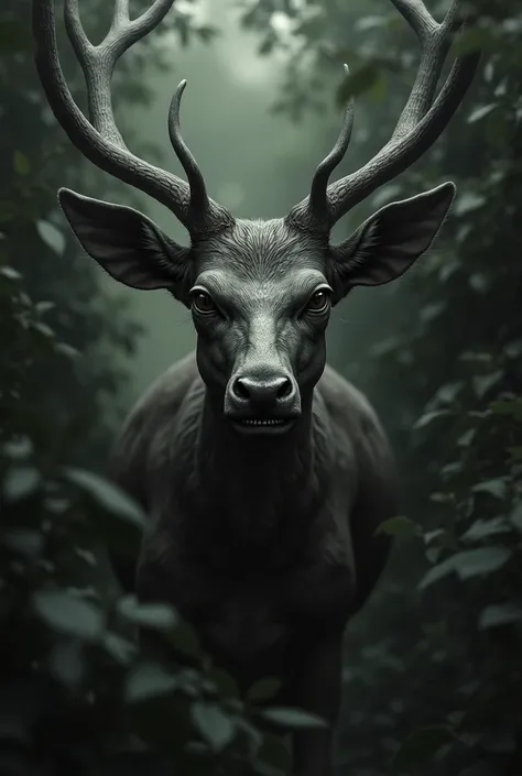 A human like deer looking at you from the bushes 2d scary unhinged grayscale 